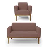 Sofá Namoradeira Com Poltrona Base De Madeira Fixa Castanho Marisa Veludo D03 - D?rossi Cor Rose