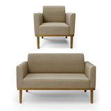 Sofá Namoradeira Com Poltrona Base De Madeira Fixa Castanho Marisa Suede D03 - D?rossi Cor Marrom Rato
