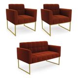 Namoradeira E 2 Poltronas Industrial Dourado Elisa Bouclê D03 - D?rossi Cor Terra