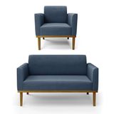 Sofá Namoradeira Com Poltrona Base De Madeira Fixa Castanho Marisa Suede Azul Marinho D03 - D?rossi