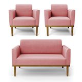Sofá Namoradeira Com 2 Poltronas Base De Madeira Fixa Castanho Marisa Suede D03 - D?rossi Cor Rose