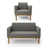 Sofá Namoradeira Com Poltrona Base De Madeira Fixa Castanho Marisa Suede D03 - D?rossi Cor Grafite