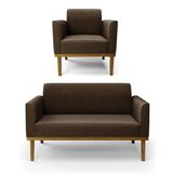 Sofá Namoradeira Com Poltrona Base De Madeira Fixa Castanho Marisa Suede Marrom D03 - D?rossi
