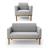 Sofá Namoradeira Com Poltrona Base De Madeira Fixa Castanho Marisa Suede D03 - D?rossi Cor Cinza