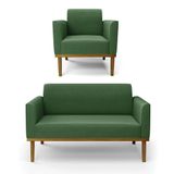 Sofá Namoradeira Com Poltrona Base De Madeira Fixa Castanho Marisa Suede Verde D03 - D?rossi