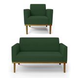 Sofá Namoradeira Com Poltrona Base De Madeira Fixa Castanho Marisa Veludo D03 - D?rossi Cor Verde