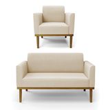 Sofá Namoradeira Com Poltrona Base De Madeira Fixa Castanho Marisa Suede D03 - D?rossi Cor Bege