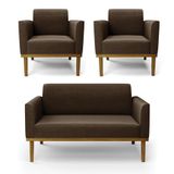 Sofá Namoradeira Com 2 Poltronas Base De Madeira Fixa Castanho Marisa Suede D03 - D?rossi Cor Marrom