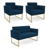 Namoradeira E 2 Poltronas Industrial Dourado Elisa Bouclê D03 - D?rossi Cor Azul