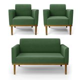 Sofá Namoradeira Com 2 Poltronas Base De Madeira Fixa Castanho Marisa Suede D03 - D?rossi Cor Verde