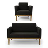 Sofá Namoradeira Com Poltrona Base De Madeira Fixa Castanho Marisa Suede D03 - D?rossi Cor Preto
