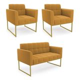 Namoradeira E 2 Poltronas Industrial Dourado Elisa Bouclê D03 - D?rossi Cor Mostarda
