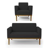 Sofá Namoradeira Com Poltrona Base De Madeira Fixa Castanho Marisa Veludo D03 - D?rossi Cor Preto