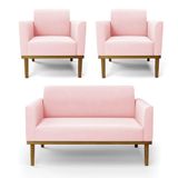 Sofá Namoradeira Com 2 Poltronas Base De Madeira Fixa Castanho Marisa Suede Rosa Bebê D03 - D?rossi