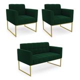 Namoradeira E 2 Poltronas Industrial Dourado Elisa Bouclê D03 - D?rossi Cor Verde
