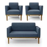 Sofá Namoradeira Com 2 Poltronas Base De Madeira Fixa Castanho Marisa Suede Azul Marinho D03 - D?rossi