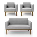 Sofá Namoradeira Com 2 Poltronas Base De Madeira Fixa Castanho Marisa Suede D03 - D?rossi Cor Cinza
