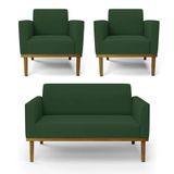 Sofá Namoradeira Com 2 Poltronas Base De Madeira Fixa Castanho Marisa Veludo D03 - D?rossi Cor Verde