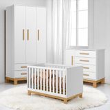 Conjunto Infantil Encanto Branco Acetinado: Berço Encanto Mini Cama + Cômoda Encanto + Guarda-roupa Encanto