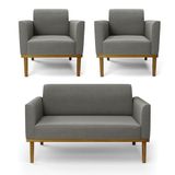 Sofá Namoradeira Com 2 Poltronas Base De Madeira Fixa Castanho Marisa Suede D03 - D?rossi Cor Grafite