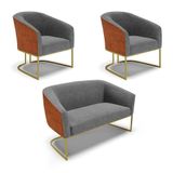 Namoradeira E 2 Poltronas Industrial Dourado Stella Noz/linho D03 - D&#39;rossi Cor Grafite
