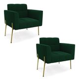 Poltrona Sala Estar Pé Ferro Dourado Kit 2 Elisa Bouclê D03 - D?rossi Cor Verde