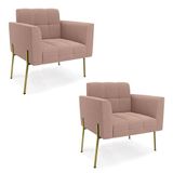 Poltrona Sala Estar Pé Ferro Dourado Kit 2 Elisa Bouclê D03 - D?rossi Cor Rose