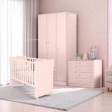 Berço Doce Sonho Rosa + Kit Rodízio + Cômoda Sapateira 4g + Guarda-roupa 3p/2g Doce Sonho