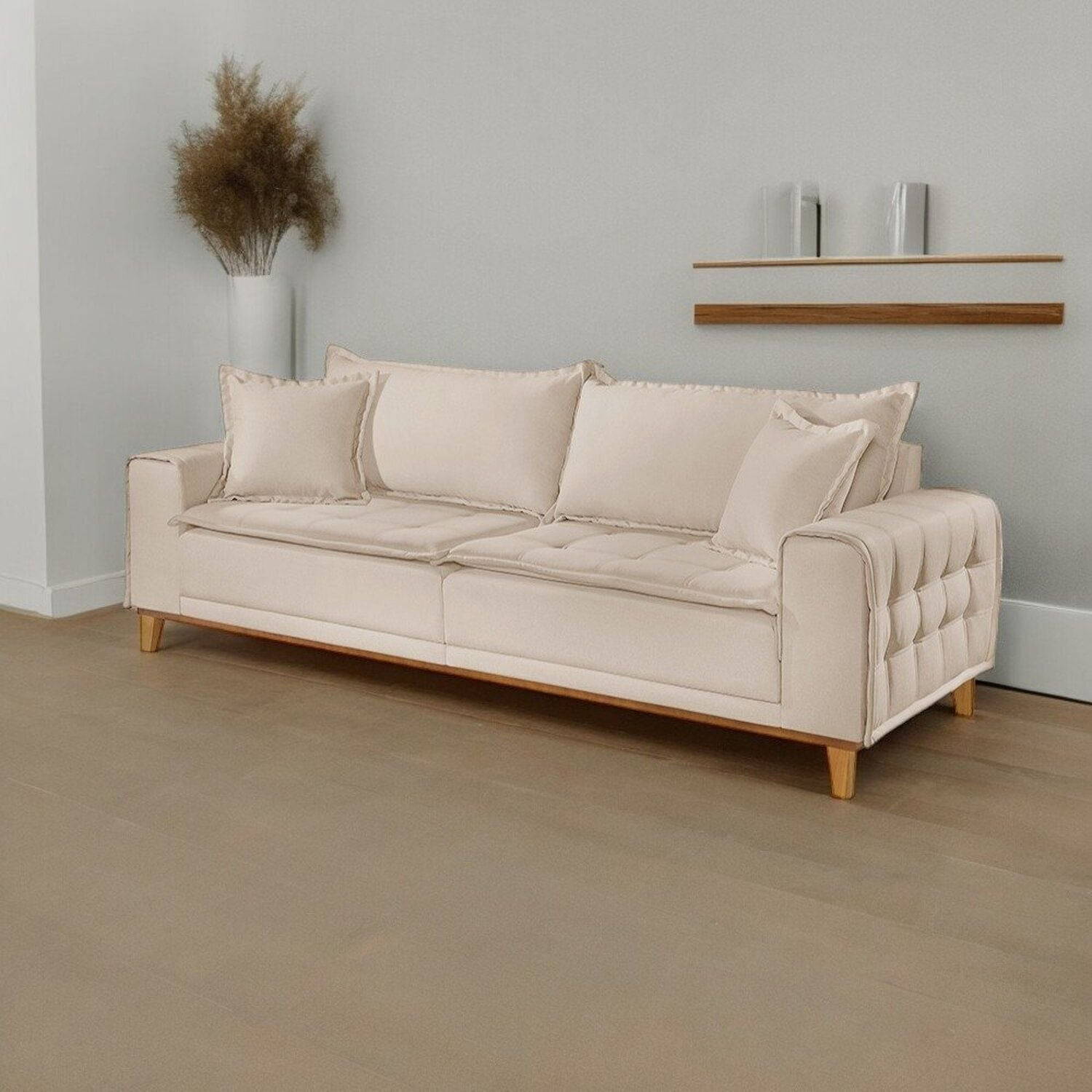 Sofá Para Sala De Estar Fixo 4 Lugares Orfeu Luxo Bege Claro