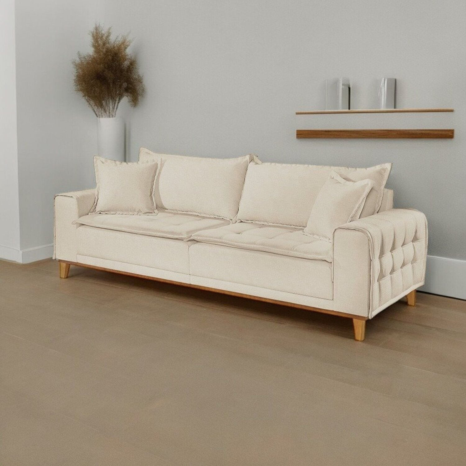 Sofá Para Sala De Estar Fixo 4 Lugares Orfeu Luxo Bege Claro