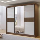 Guarda-roupa Casal Ripado 3 Portas De Correr Com Espelho 100% Mdf Cristal Castanho/off White
