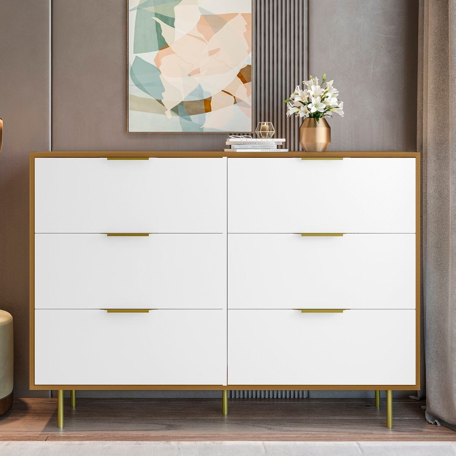 Cômoda Para Quarto Com 6 Gavetas 135cm X 102cm Safira Freijó/branco