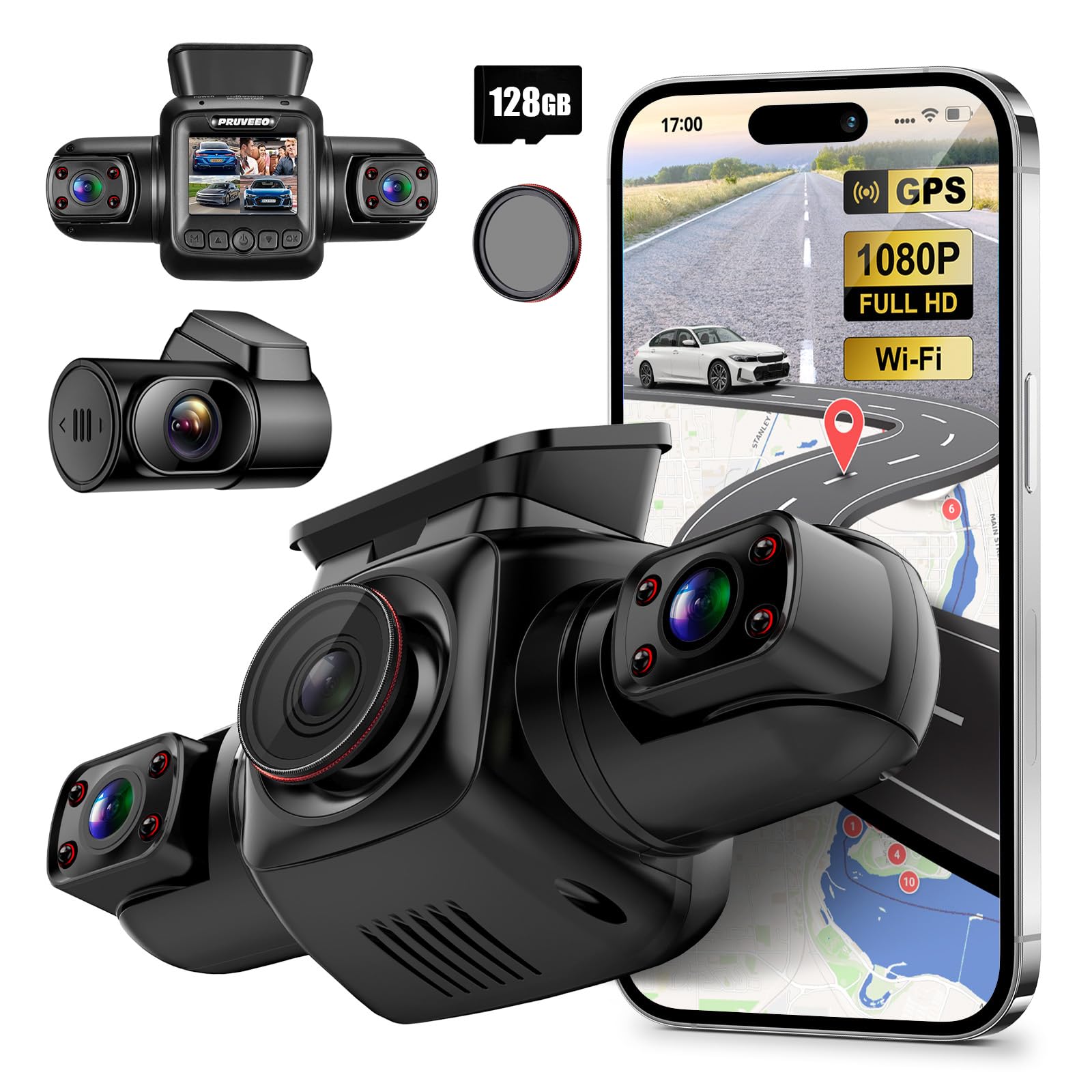 Dash Cam Pruveeo, Visão De 360 Graus, 4 Canais Frontal/traseiro, Interior