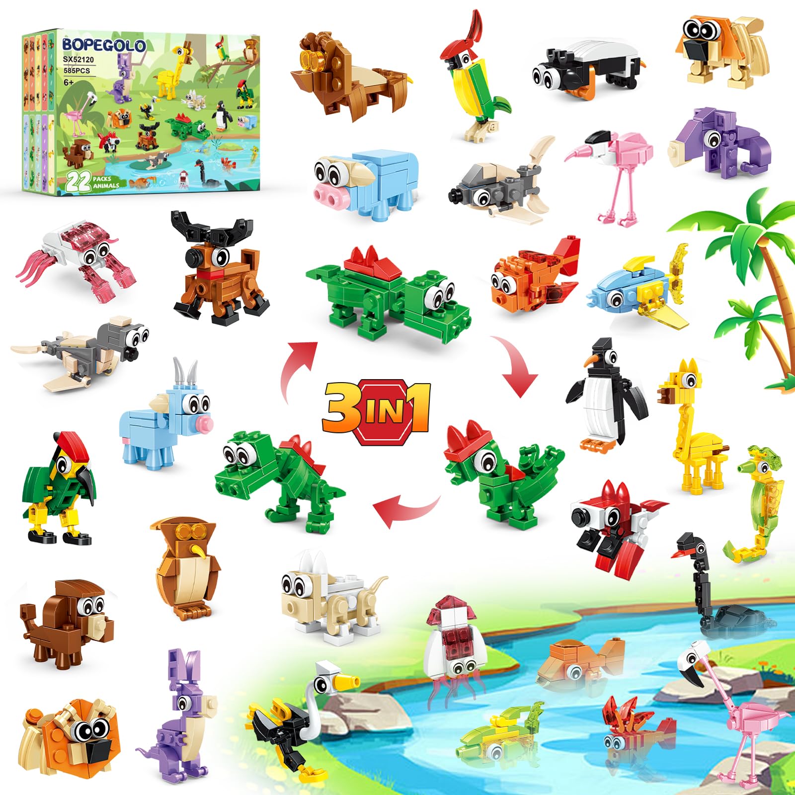 Building Block Toys Bopegolo 3 Em 1 Animal, Pacote Com 22 Unidades Para Crianças De 6 A 12 Anos