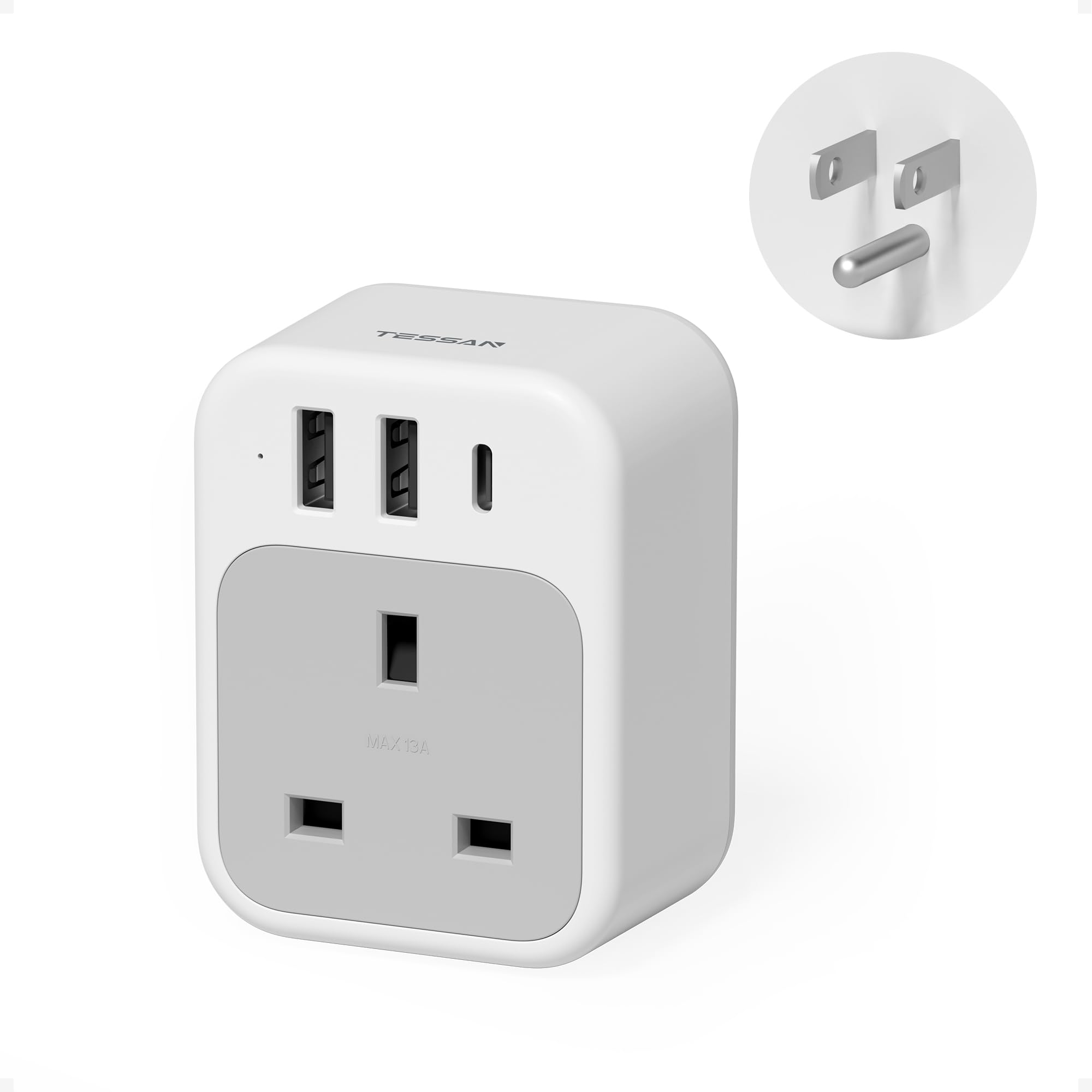 Adaptador De Plugue Tessan Uk Para Alimentação Tipo G Dos Eua Com 3 Portas Usb