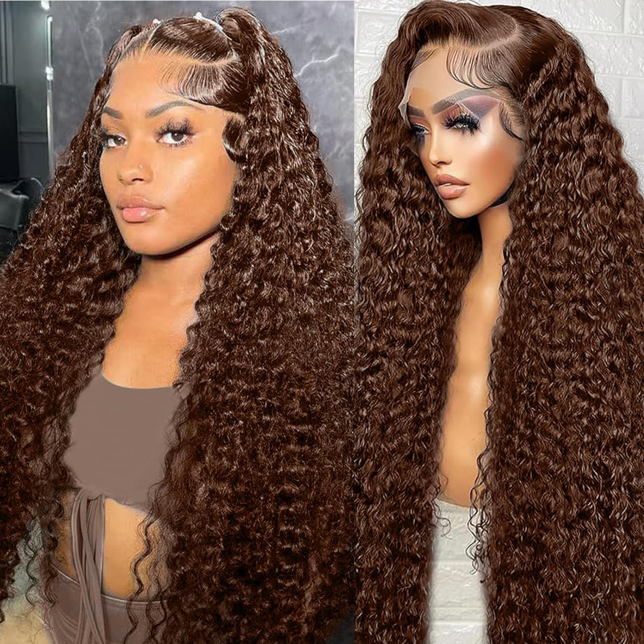 Peruca Frontal De Renda Daxundi Chocolate Brown Deep Wave 50cm