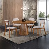 Conjunto Sala De Jantar Mesa Redonda E Cadeiras Maciça Cinamomo/linho Prata