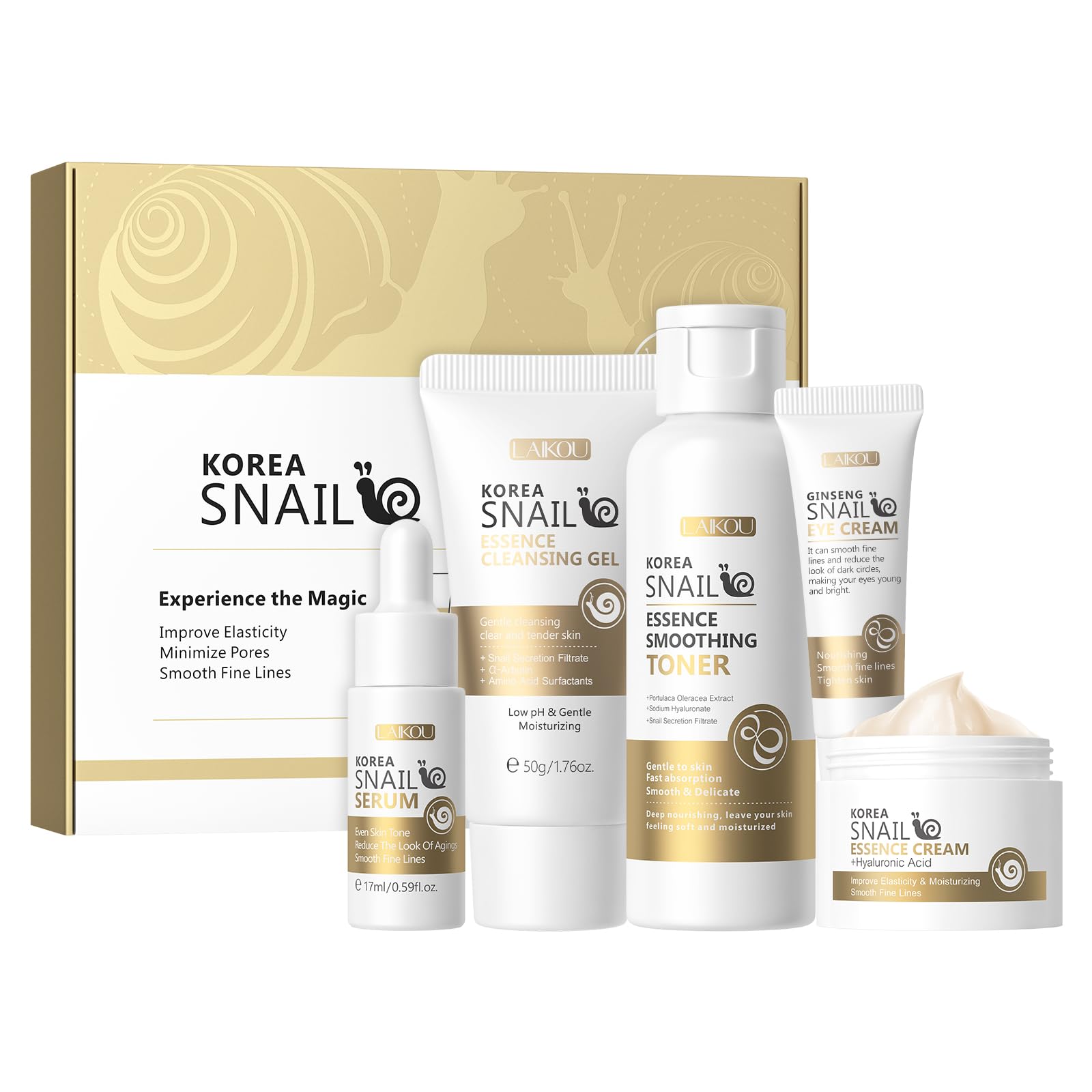 Conjunto De Cuidados Com A Pele Laikou Snail And Ginseng Com Gel De Limpeza, 5 Unidades