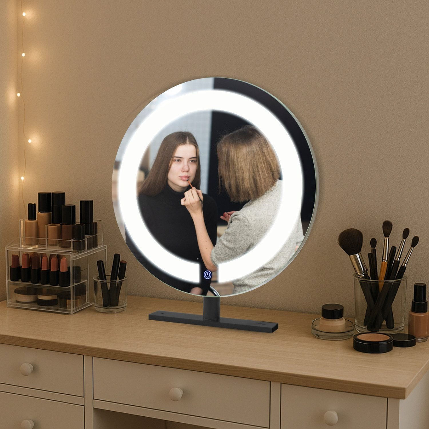 Espelho Bancada Redondo 60cm Com 2 Leds Touch Reduna Preto