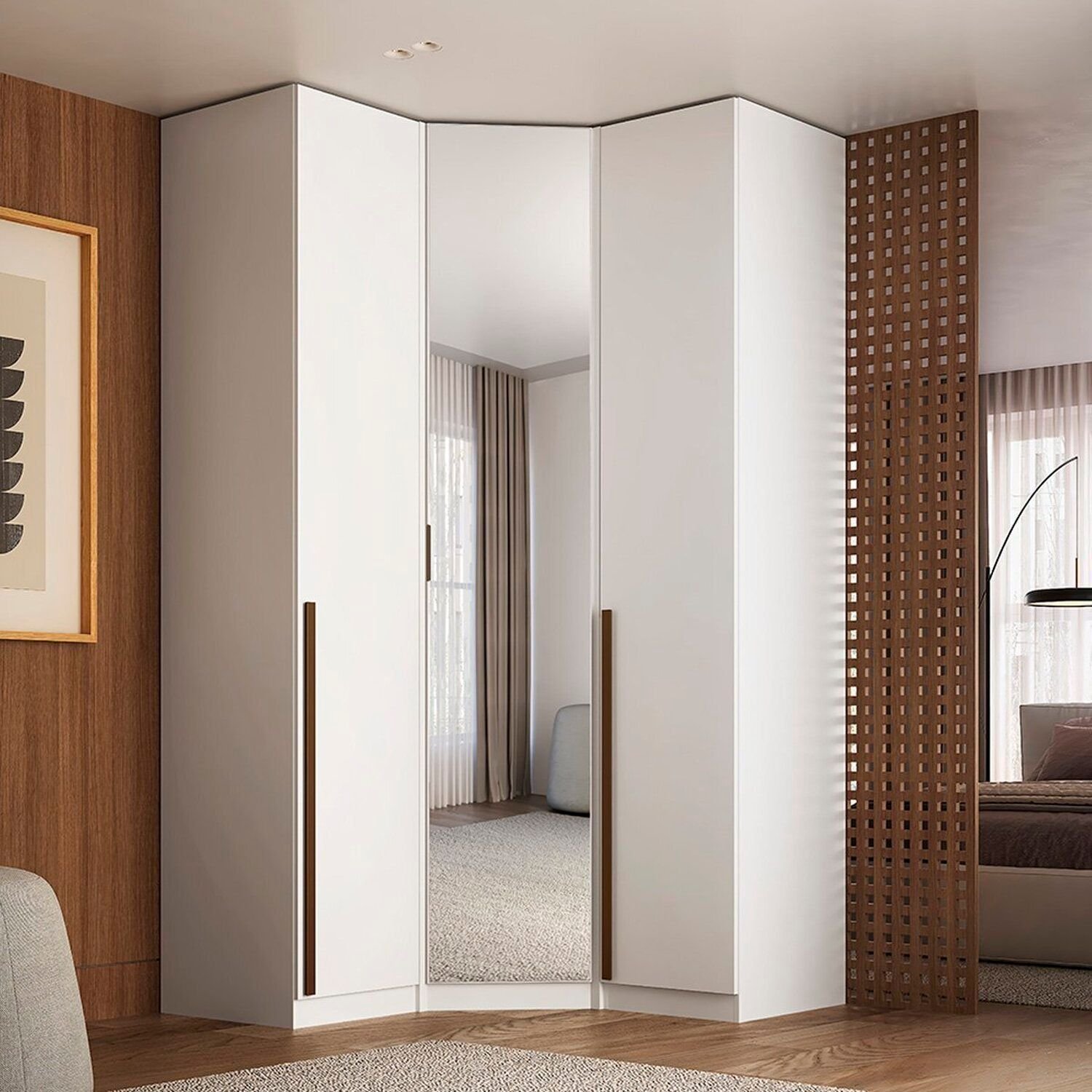 Guarda-roupa De Canto 100% Mdf Com Espelho 3 Portas Altezza Branco