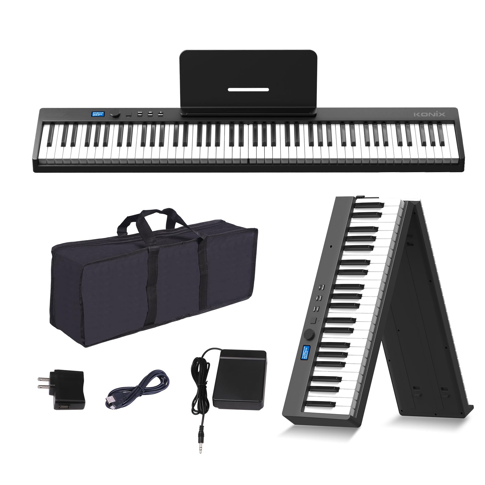 Teclado De Piano Konix Dobrável De 88 Teclas Com Bluetooth E Bolsa Preta