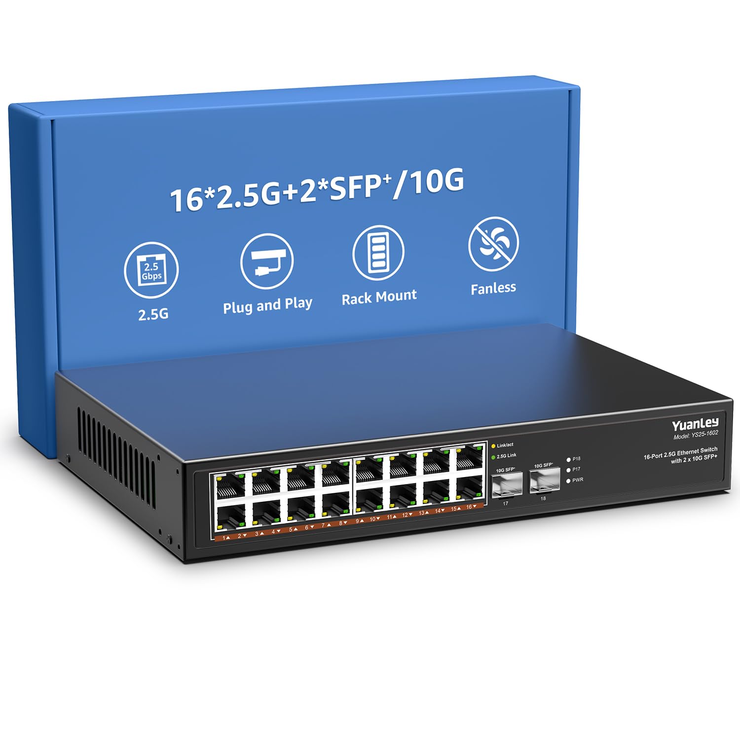 Comutador Ethernet Yuanley 2,5 G 18 Portas 16 X 2,5 Gb Base-t 2 X 10 G Sfp+