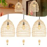 3 Pendente Em Fibra Natural Rattan Rustico Palha Fib02 + Led