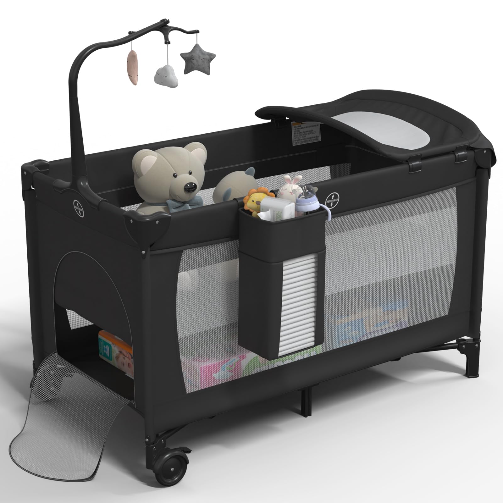 Pack And Play Baby Bassinet Sleeper 5 Em 1, Dorminhoco De Cabeceira Preto