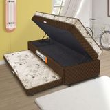Cama Box Baú Solteiro Conjugada Com Mola Com Cama Auxiliar - Marrom