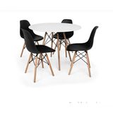 Conjunto De Mesa De Jantar Eames Eiffel Redonda 120cm Tampo De Madeira Branco Com 4 Cadeiras Pretas