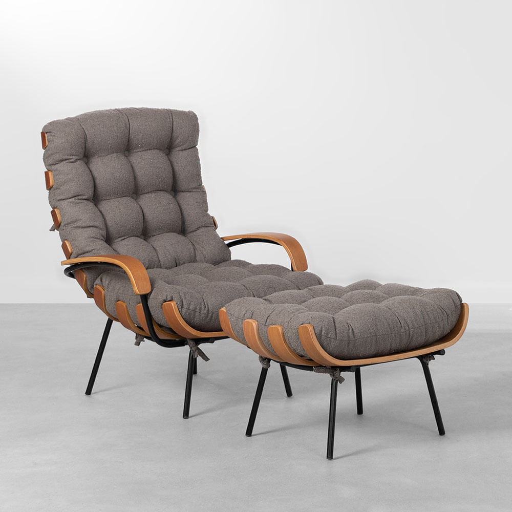 Poltrona Costela Com Braço Encosto Alto Com Puff - bouclê Iron