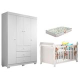Berço Americano Lara E Guarda Roupa Duda 4 Portas Branco Brilho Com Colchão Gazin Phoenix Baby