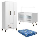 Berço Americano 3820 E Guarda Roupa 3830 Q Encanto Retrô Branco Acetinado Com Colchão Ortobom - Qmovi