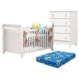 Berço Americano Lara E Cômoda Gaveteiro Mel Flat Branco Brilho Com Colchão Ortobom Carolina